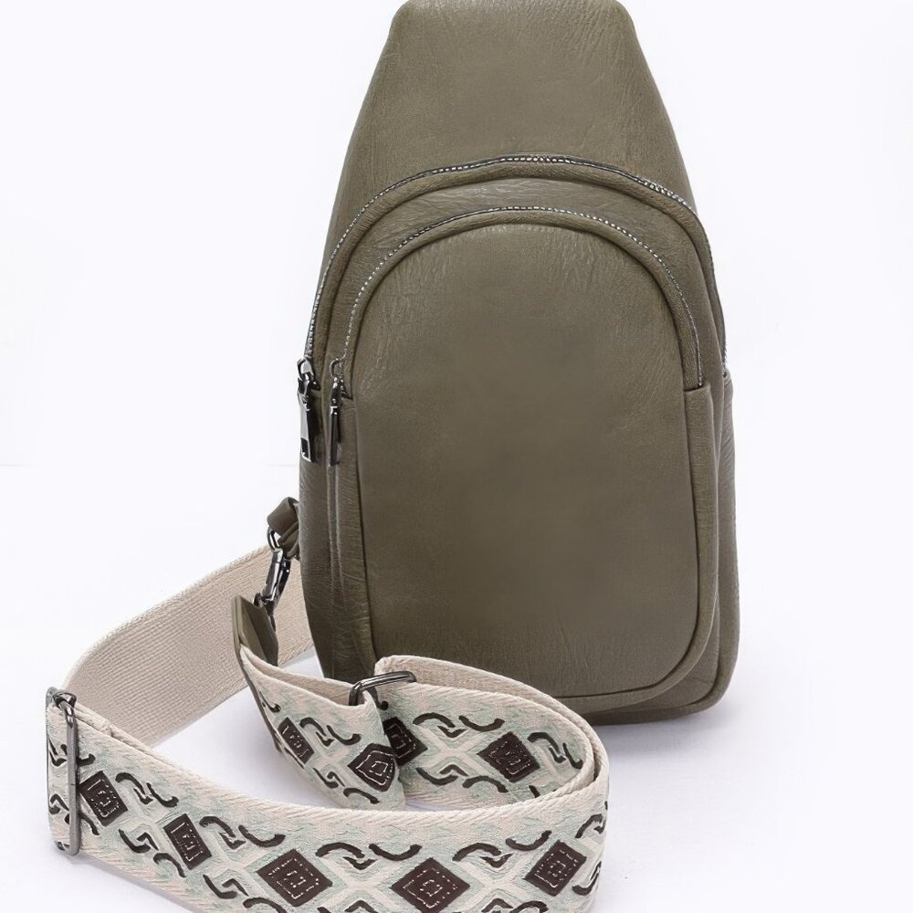 Faux Leather Sling Bag W/multi Color Strap